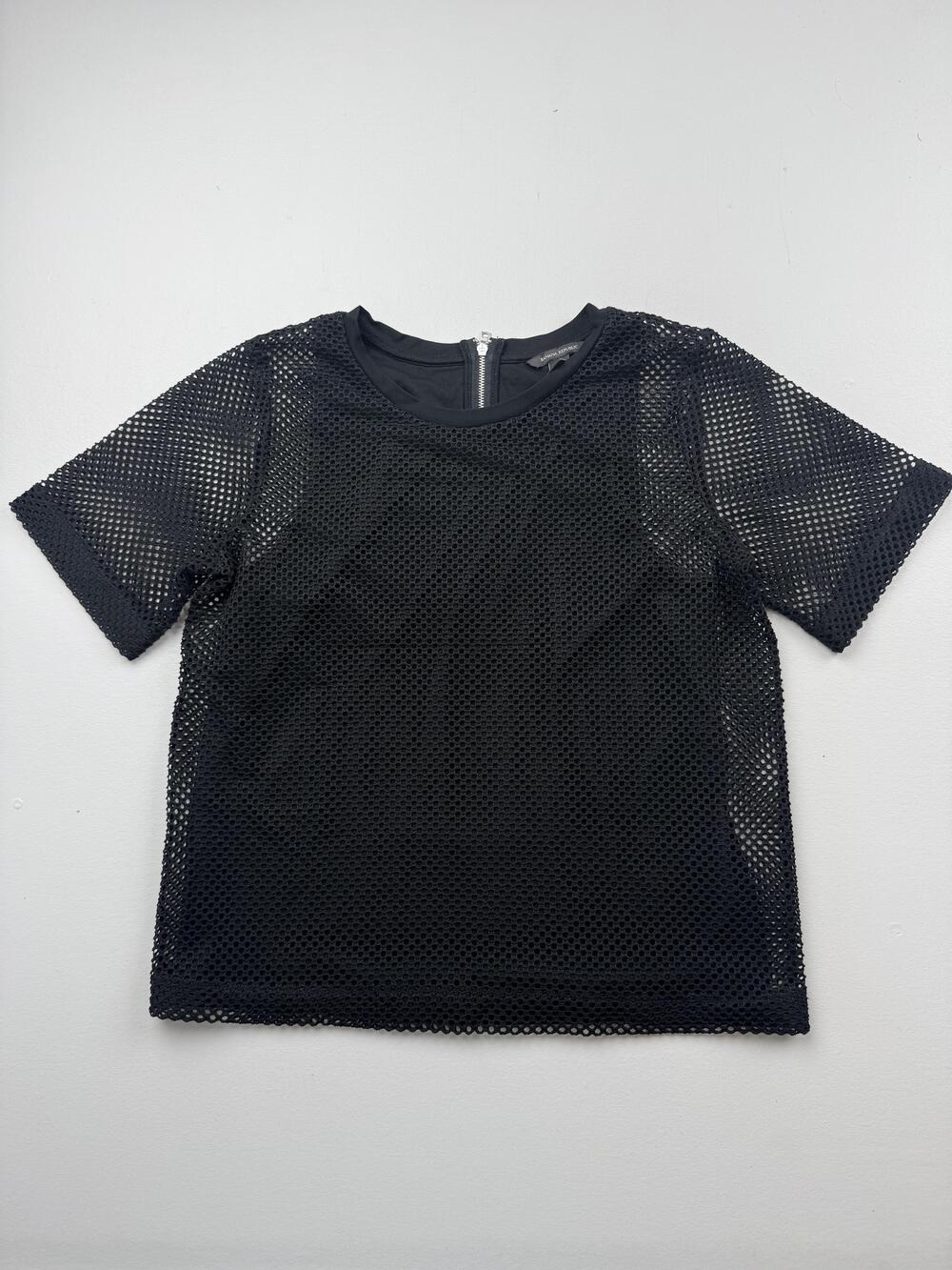 Banana Republic Blouse Womens M Black Crew Neck Short Sleeve Mesh Sheer Zip Top